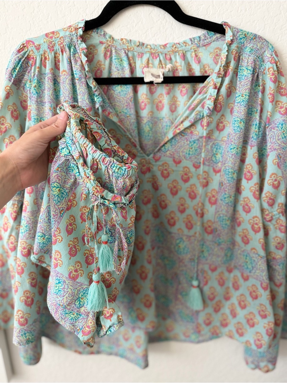Lilka by Anthropologie Light Aqua Paisley Print Peasant Blouse + Shorts - Picture 3 of 6